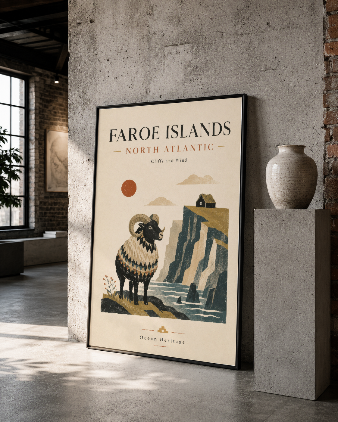 Faroe Islands seyahat tablosu, siyah çerçevede, doğal tasarımı ve zemini pastel tonlarıyla modern konsept alanları dekore