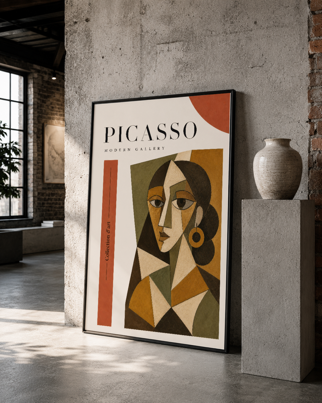 Siyah çerçeveli Picasso portre tablosu, soyut kübist stil, endüstriyel mekan dekorasyonu.
