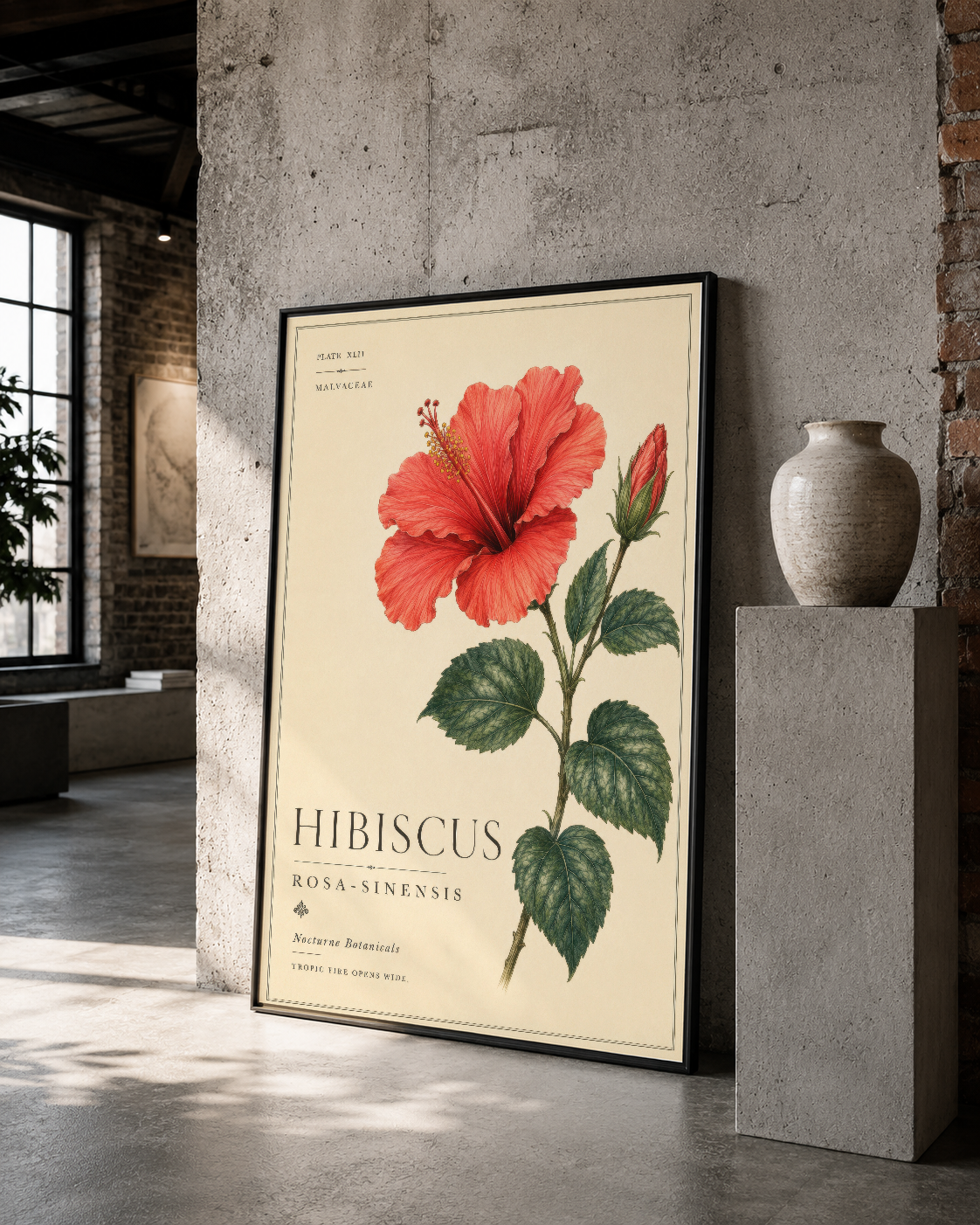 Siyah çerçeveli hibiskus tablosu, beton duvarda minimal ve sofistike bir görünüm sunuyor.