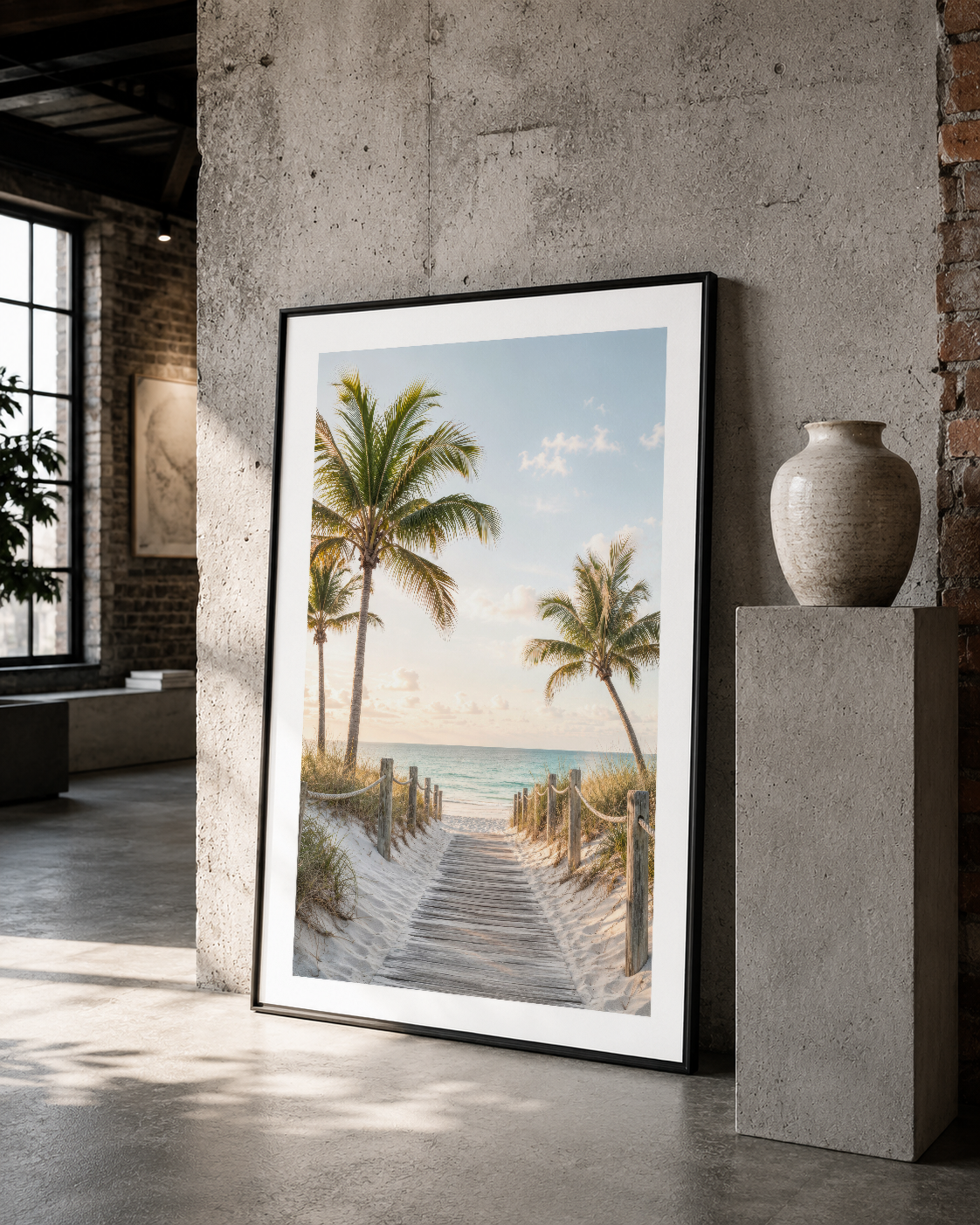 Siyah çerçeveli kıyı manzarası tablosu, beton duvarlar arasında doğal ışığın içinde zarif bir kontrast oluşturuyor.