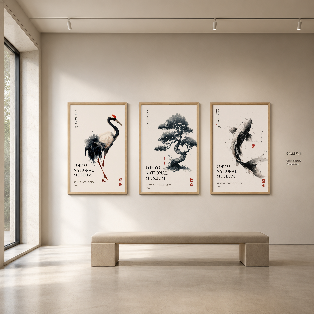 Ahşap çerçeveli üç parçalı tablo seti, galeride sergilenen ve Doğu sanatından ilham alan çağdaş duvar dekoru.