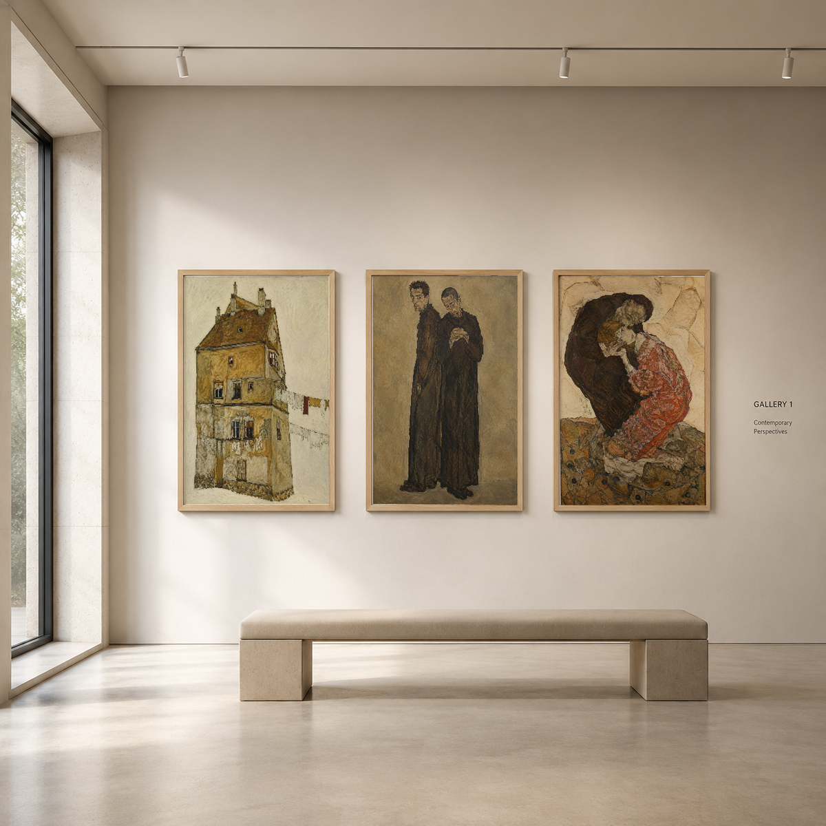 Ahşap çerçeveli sanat eserleri, minimalist galeri panosu stilinde asılı, doğal ışık içeren geniş bir mekanda sanat