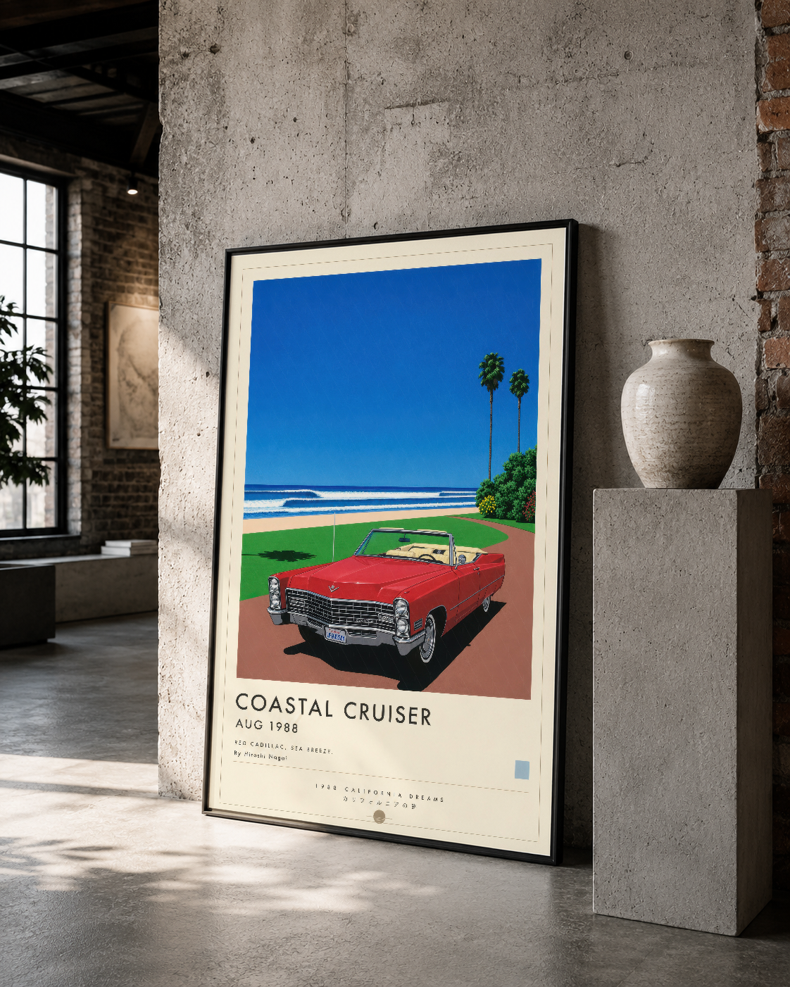 1988 yaz temalı klasik araba posteri siyah çerçeve içinde, minimalist endüstriyel iç mekanda sergilenmiş.