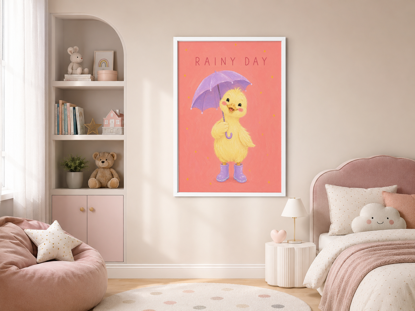 Pastel pembe oda dekorasyonunda, yağmurlu gün temalı neşeli ördek baskılı beyaz çerçeveli sanat tablosu.