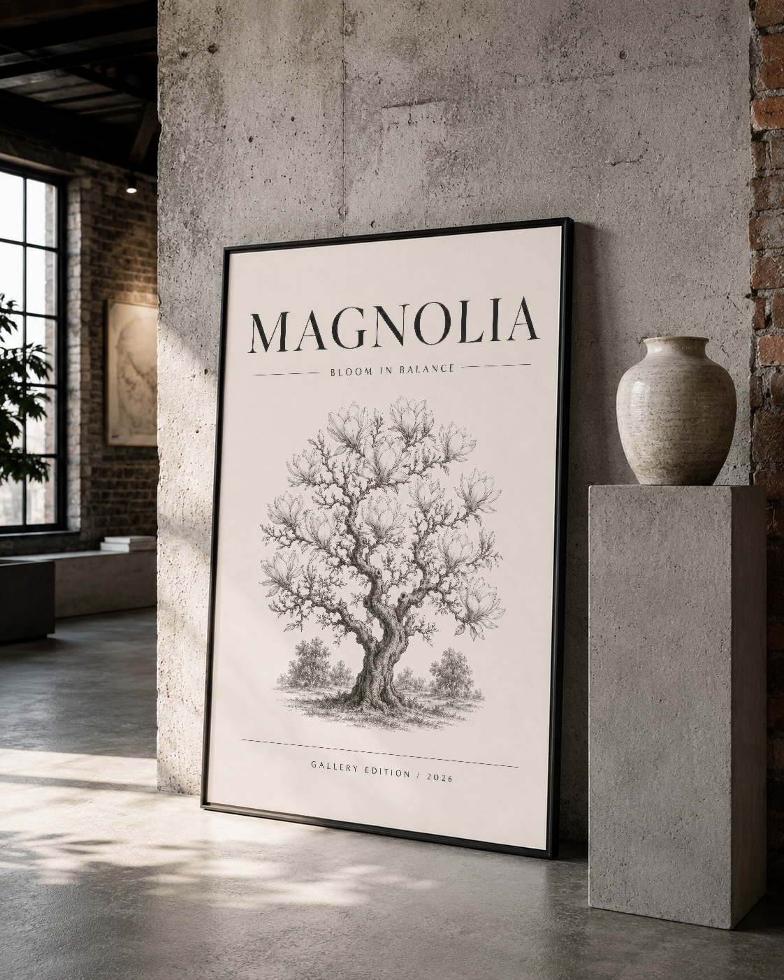 Siyah çerçeveli Magnolia tablosu, çelik ve tuğla loft stilinde rafine bir şekilde sergilenen.