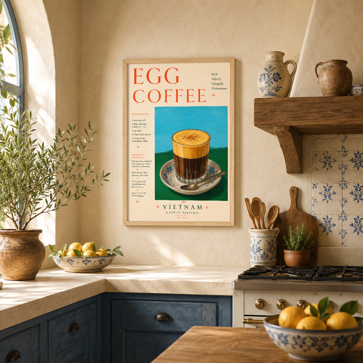 Retro Egg Coffee duvar tablosu, Sıcak tonlu ahşap çerçevede, sanat deco tarzı tasarımıyla rahat ve sofistike mutfak ortamını