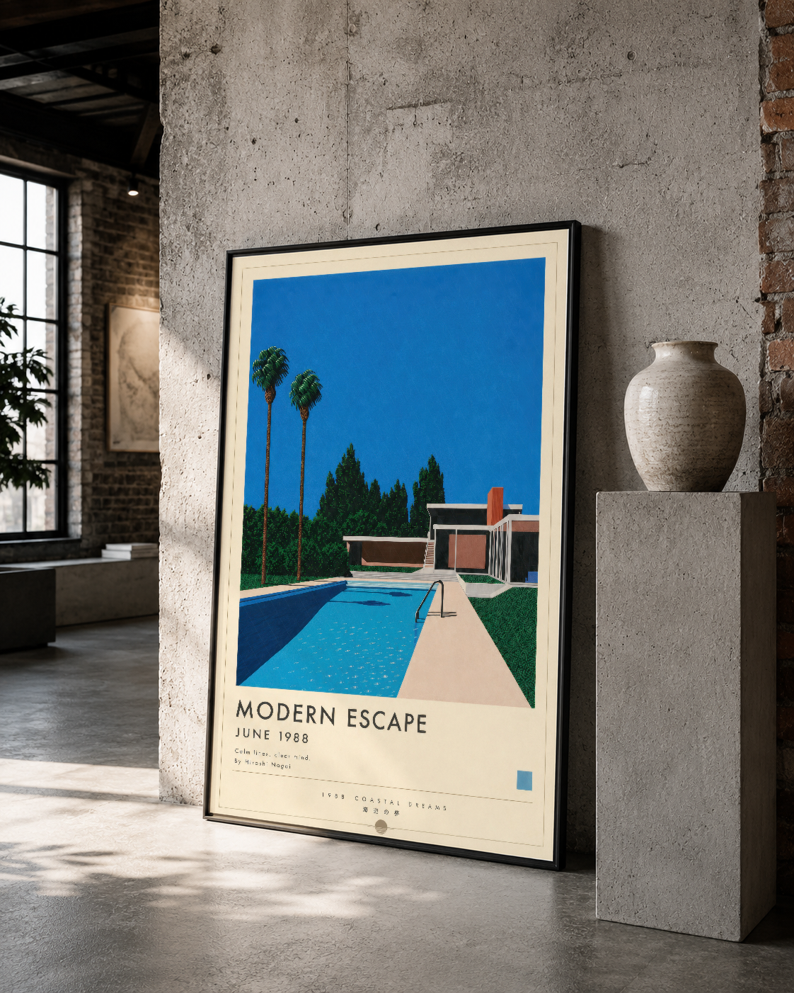 Palmiye ve havuzlu vintage poster, siyah çerçeveli, çağdaş galeri stilinde muazzam görsel etkisi.