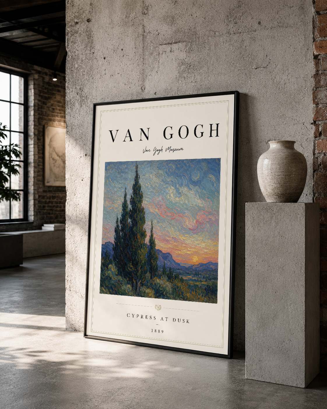 Siyah çerçeveli Van Gogh tablosu, çıplak betonlu endüstriyel mekanda klasik bir sanat parçası.