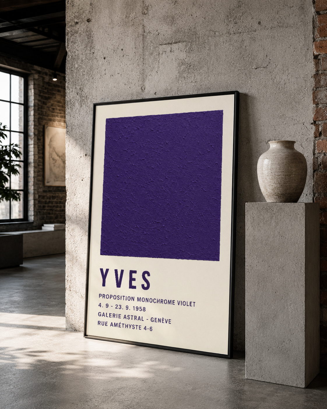 Siyah çerçeveli YVES Klein Violet sanat posteri, loft mekanında çağdaş tasarım dekorasyonu.