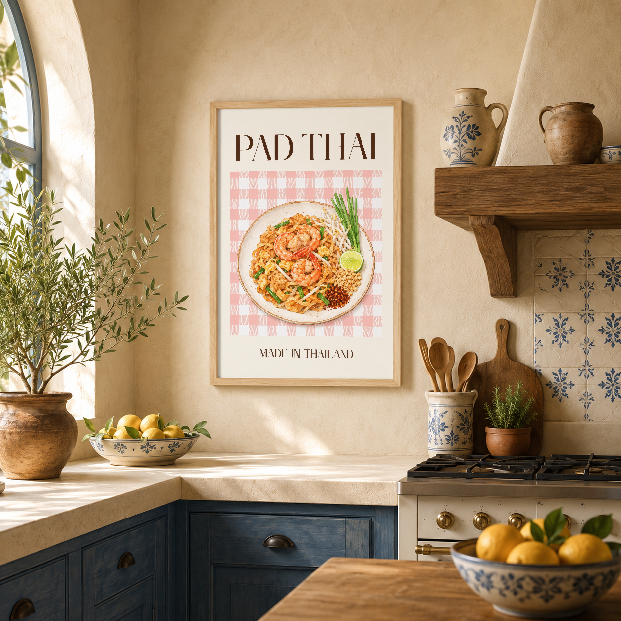 Pad Thai poster, ahşap çerçevede, doğal ışığın vurduğu sıcak mutfak ortamında, otantik Thailand tasarımı.