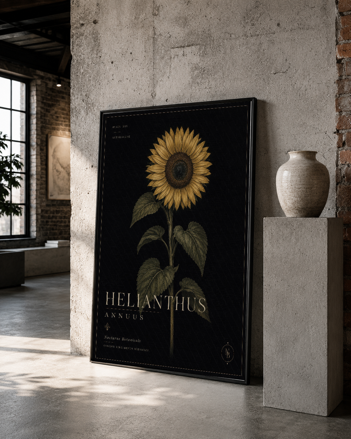 Siyah çerçeveli ayçiçeği posteri, vintage beş duvarında seramik vazo ile sergilenen dekoratif sanat eseri.
