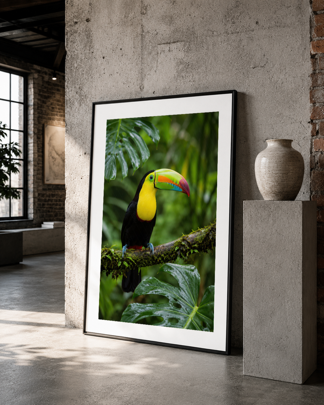 Toucan kuş tasvirli poster, siyah çerçevede döner iç mekan dekorasyon elemanı olarak konumlandırılmış.