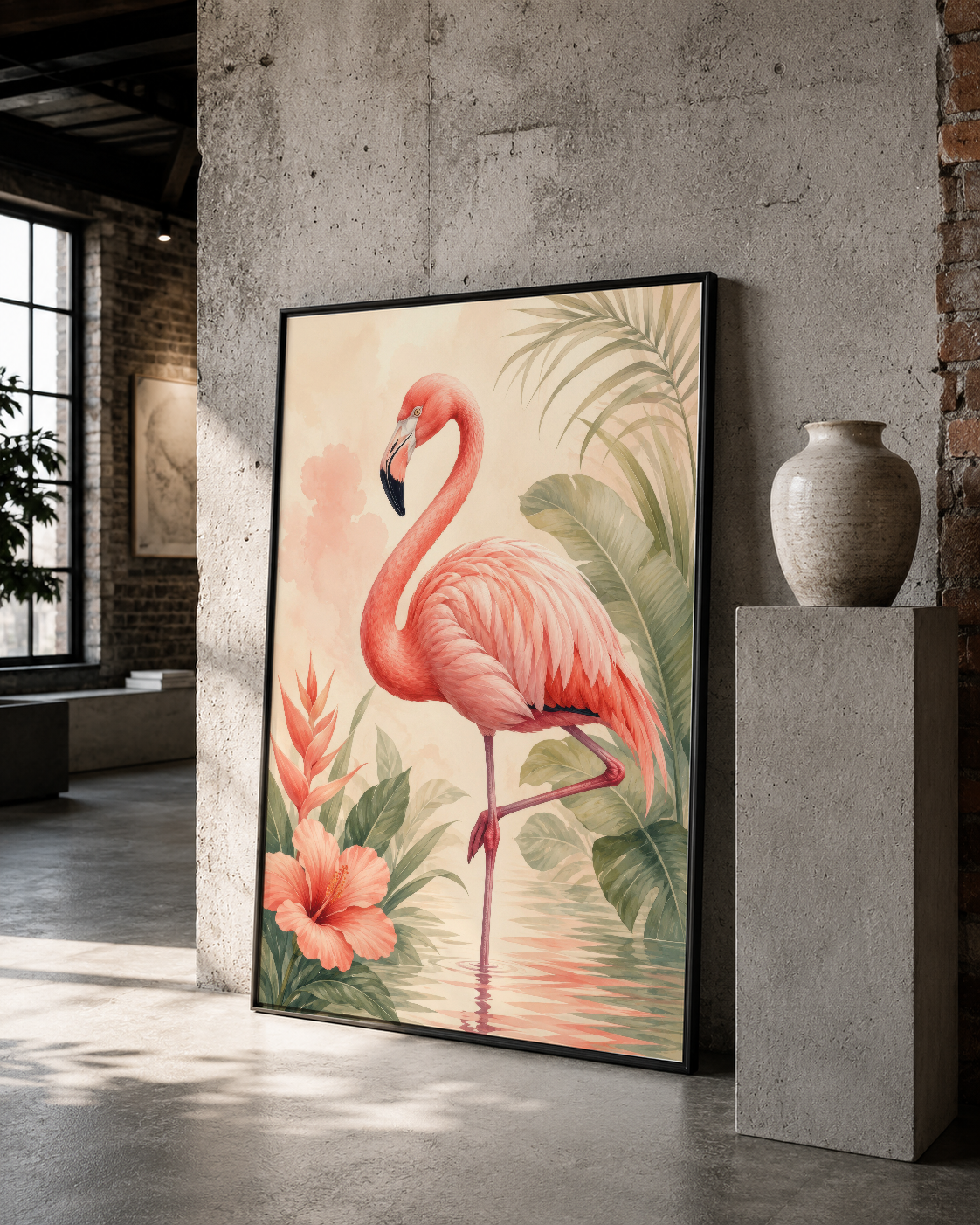 Stilize flamingo motifi ve tropikal bitki desenli tablo, siyah çerçeveli endüstriyel dekor.