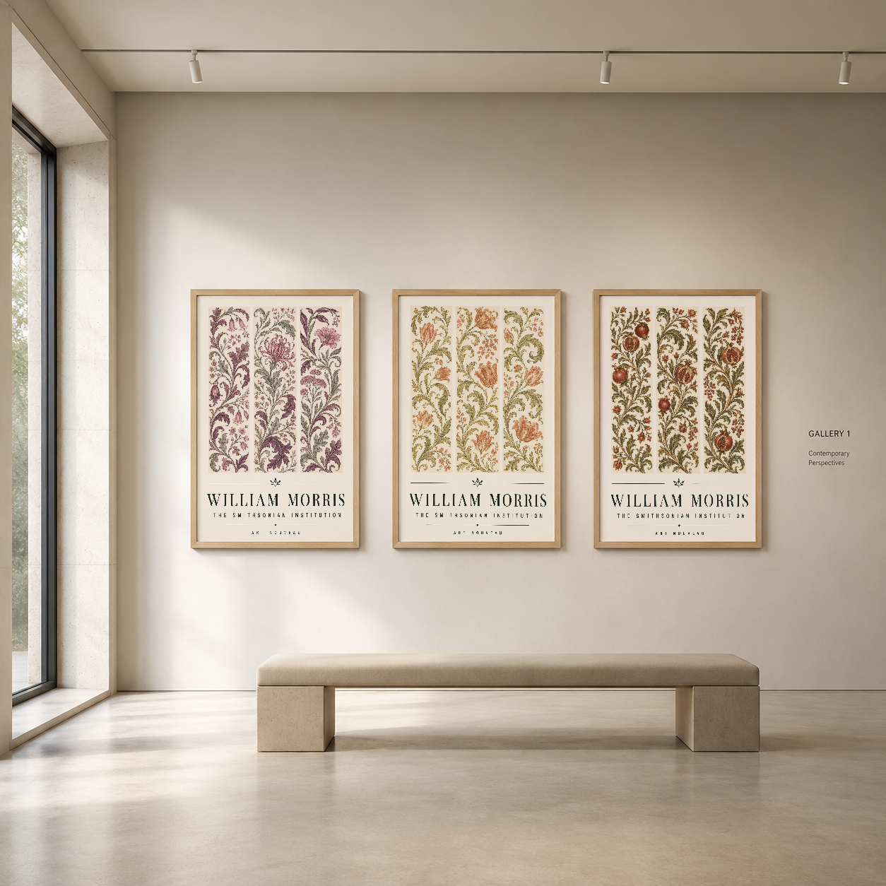 William Morris sanat tablosu üçlüsü, doğal ahşap çerçeveli, modern galeri duvarında dekoratif görünüm.