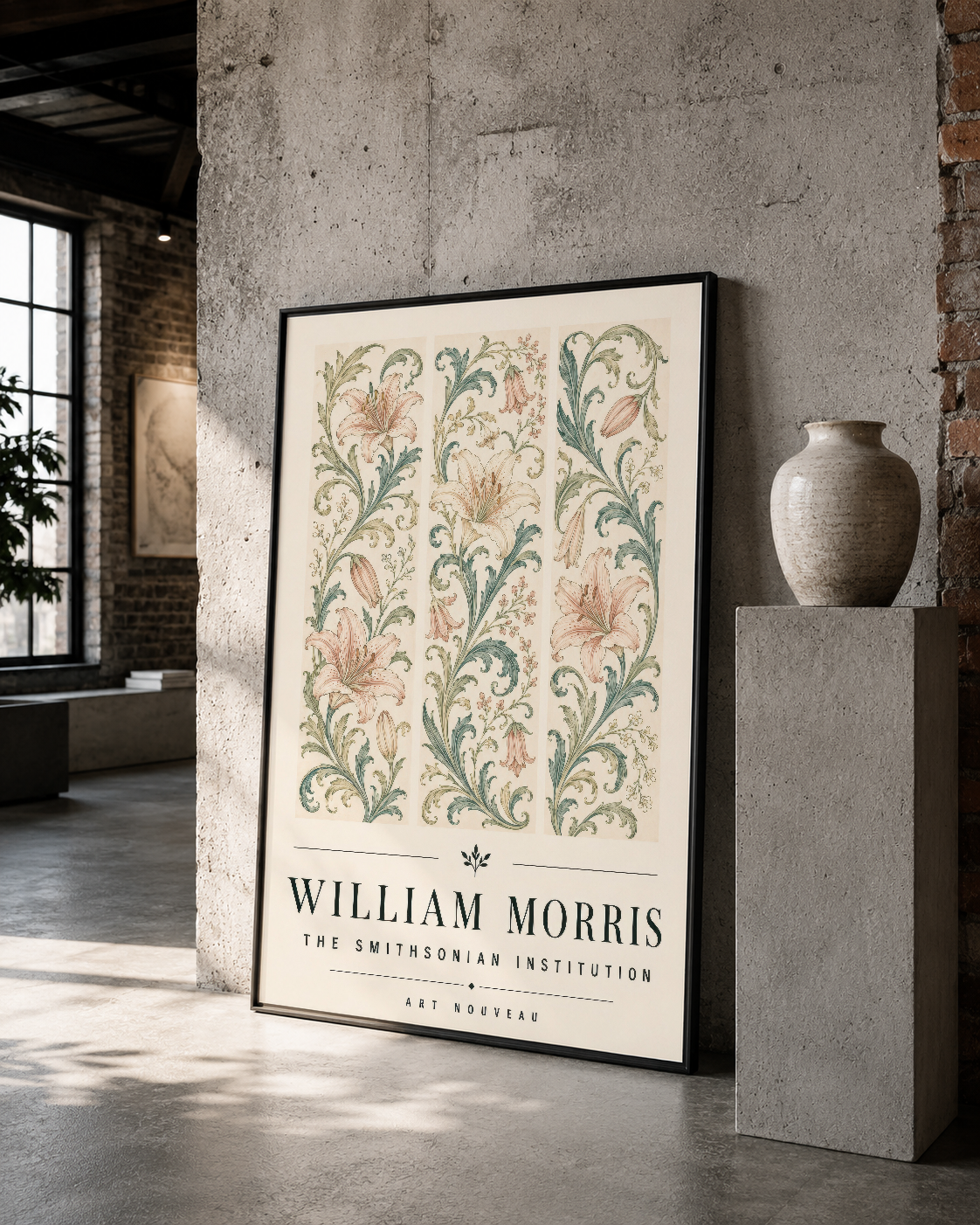 Siyah çerçeveli William Morris Smithsonian koleksiyonu, beton ve tuğla doku duvarında klassik botanik tasarımını modern