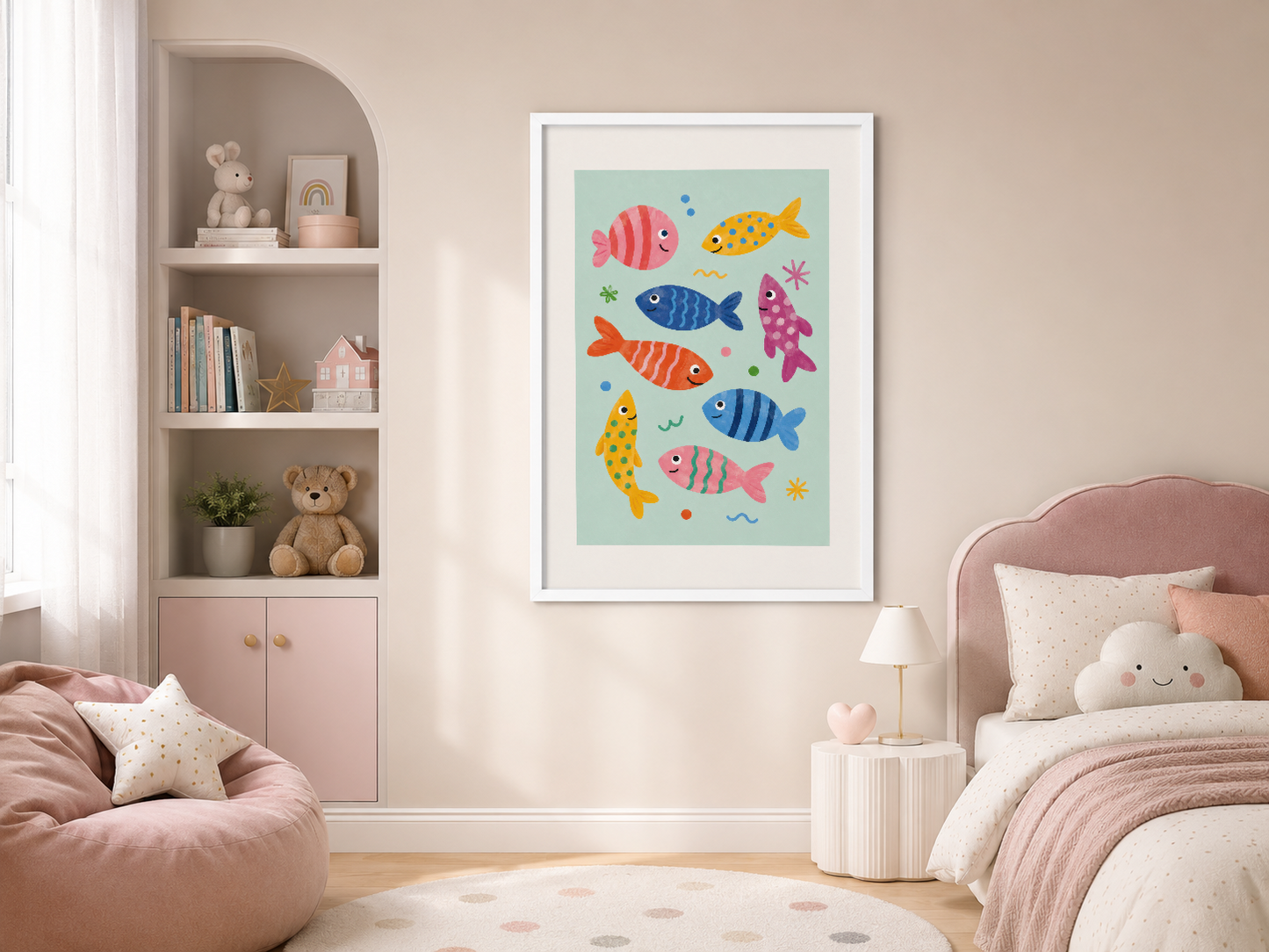 Pastel tonlu balık motifli duvar tablosu, beyaz çerçeveli, kız çocuk odasında pembe dekorasyon arasında.