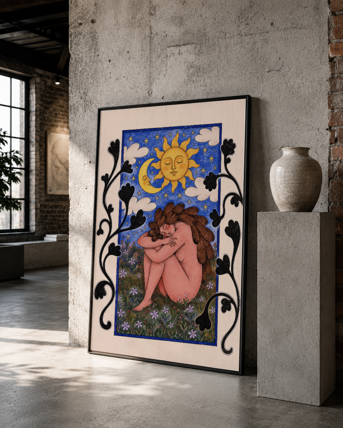 Siyah çerçeveli tablo, fantastik güneş-ay görseli ve meditasyon figürü, beton duvarda minimalist sanat eseri.