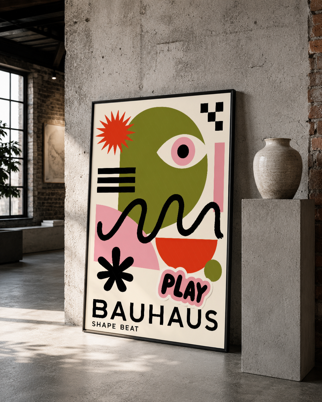 Bauhaus Shape Beat tablosu, siyah çerçevesiyle loft tarzı dekorasyonda etkileyici görünüm.