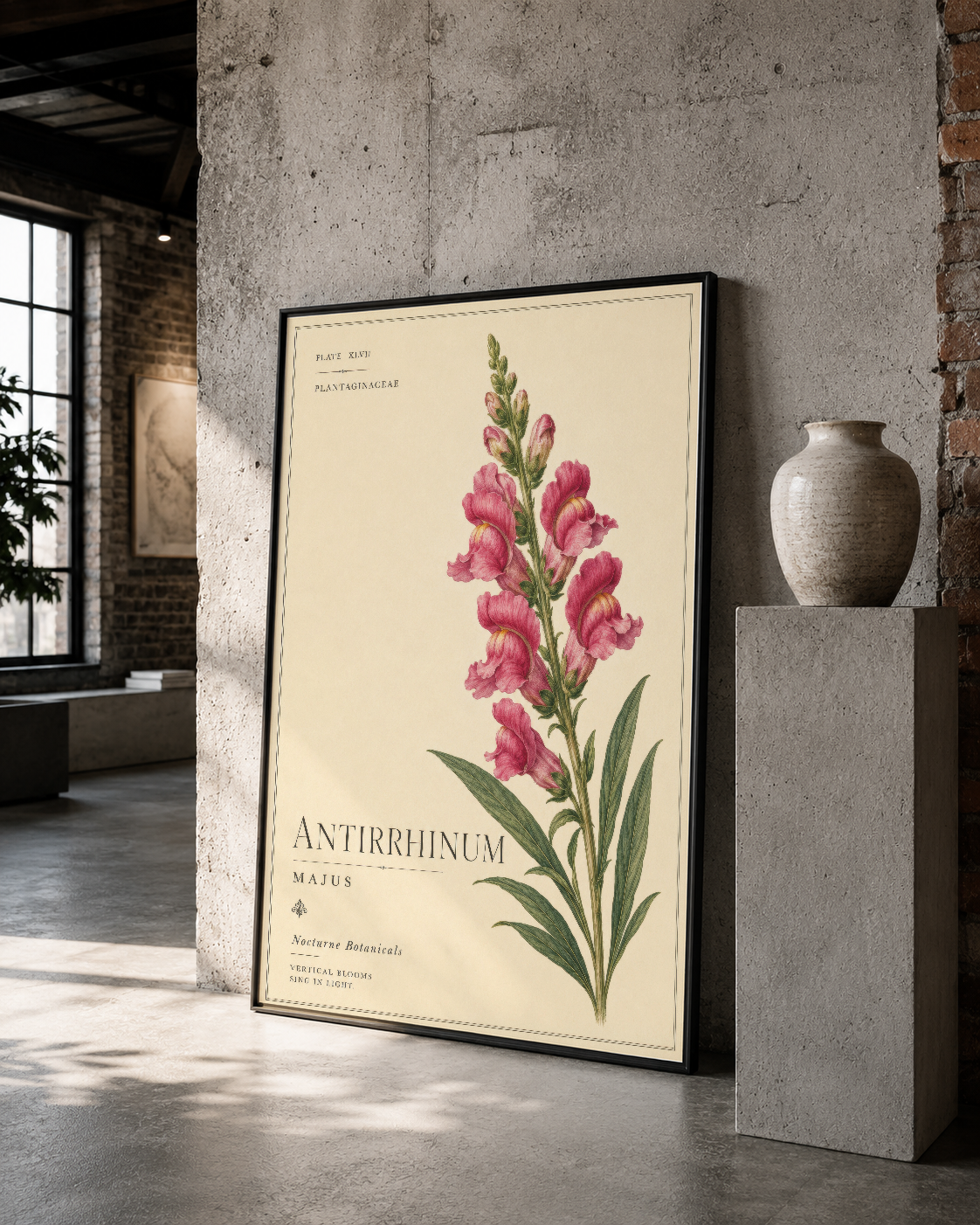 Siyah çerçeveli vintage botanik poster Antirrhinum Majus motifiyle endüstriyel mekan dekorasyonu.