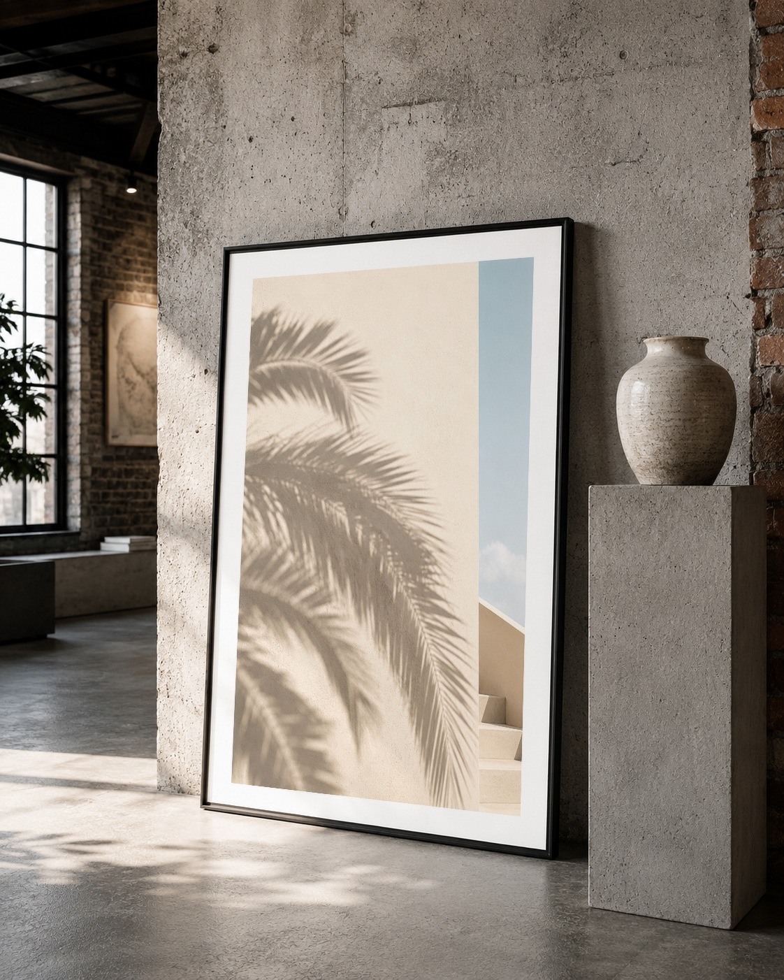 Siyah çerçeveli contemporary tablo, pastel renkleriyle beton duvarı yumuşatıp minimalist dekorun merkezine yerleşiyor.