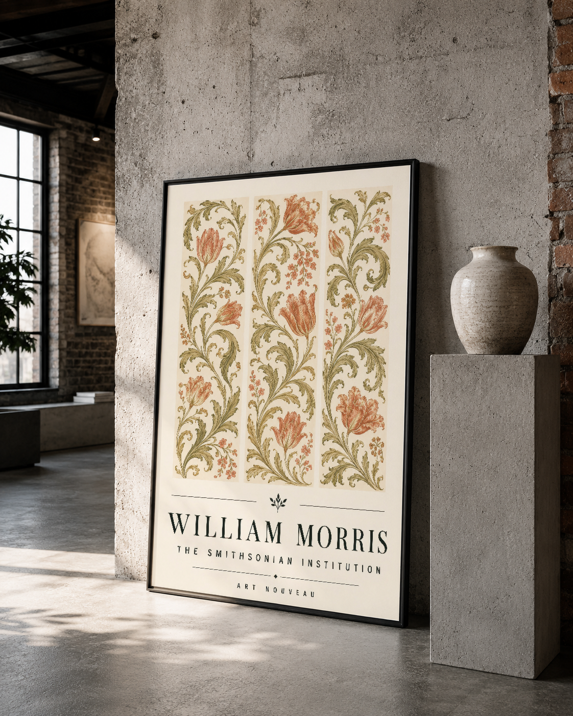 William Morris çiçek motifi poster, siyah çerçeveli, loft tasarımında yanında seramik vazo ile konumlandırılmış.