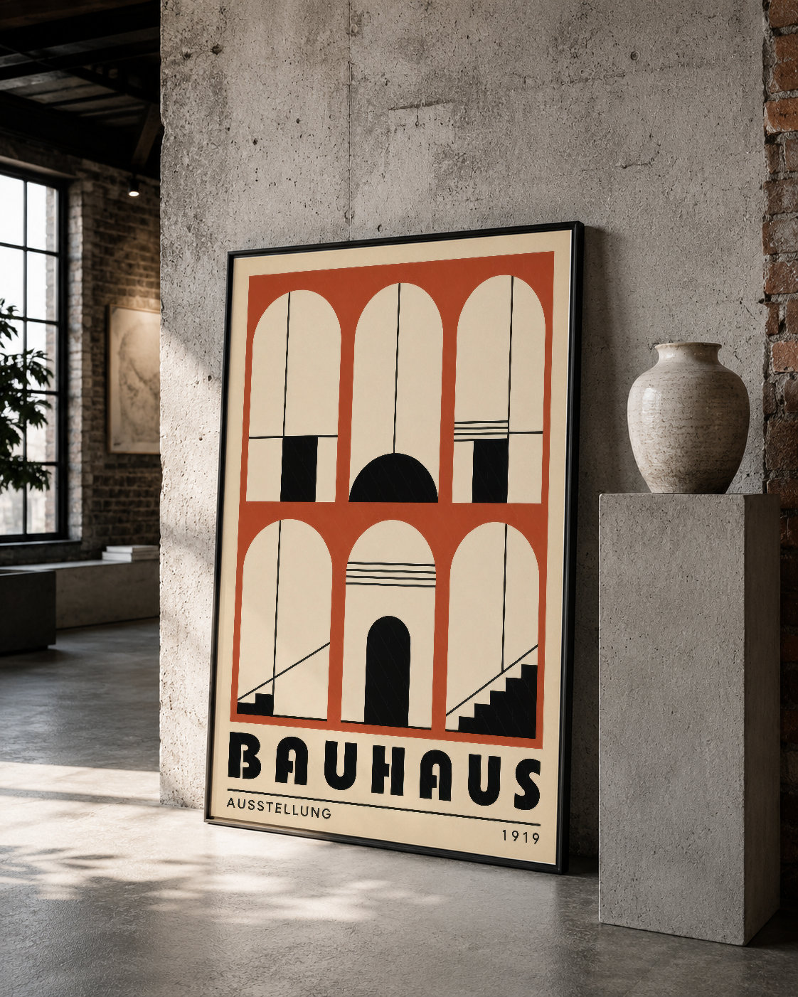 Siyah çerçeveli Bauhaus mimarı poster, kırmızı arkaplan ve art deco şekiller, dekoratif duvar tablosu.
