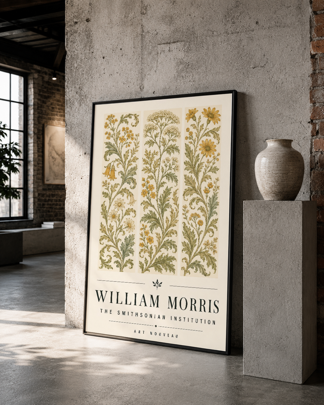 William Morris altın çiçek deseni poster, siyah çerçeveli, loft tarzı mekanın beton duvarında.