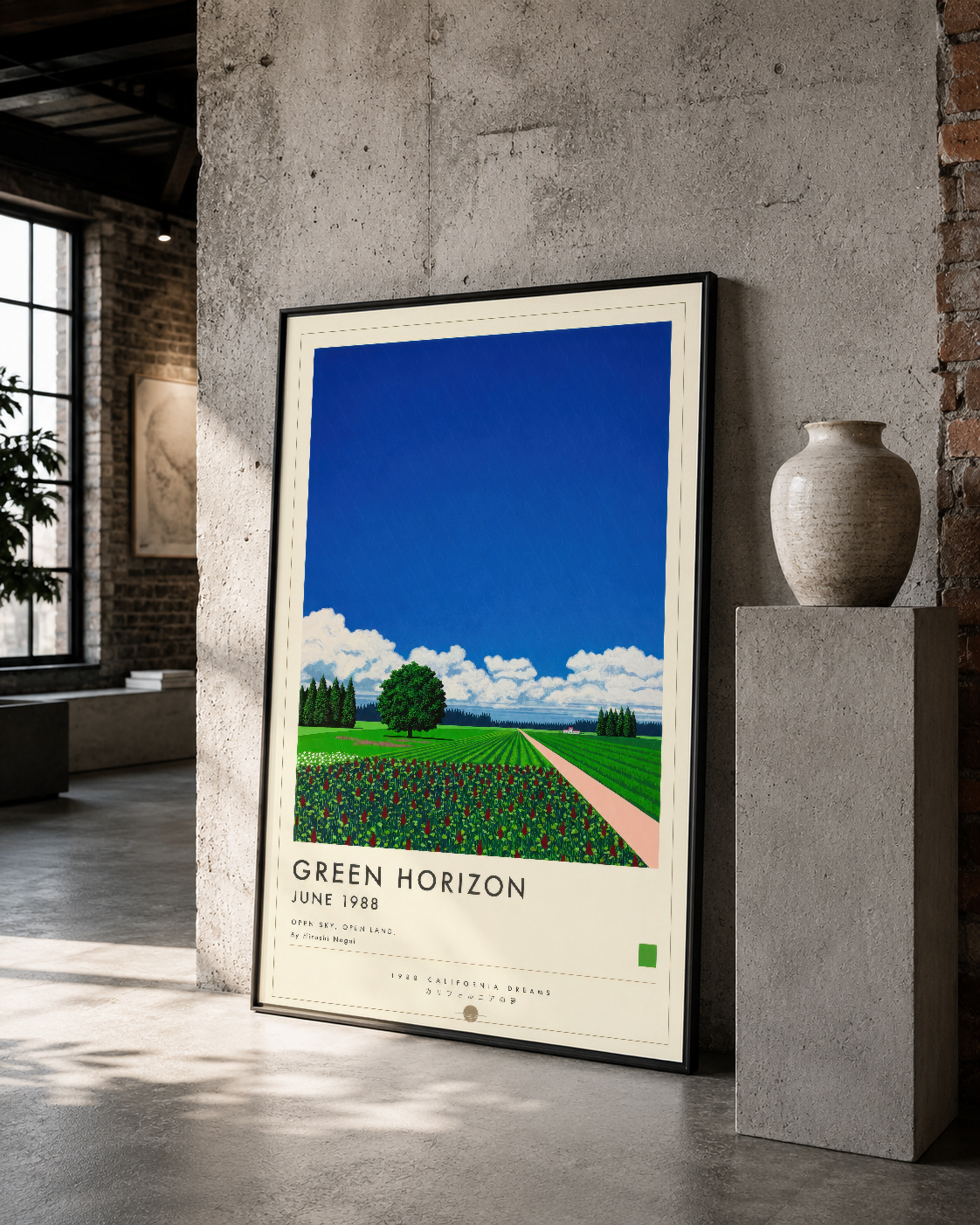 Pastoral manzara ve minimalist tipografi ile tasarlanmış Green Horizon duvar posteri, siyah çerçeveli baskı.