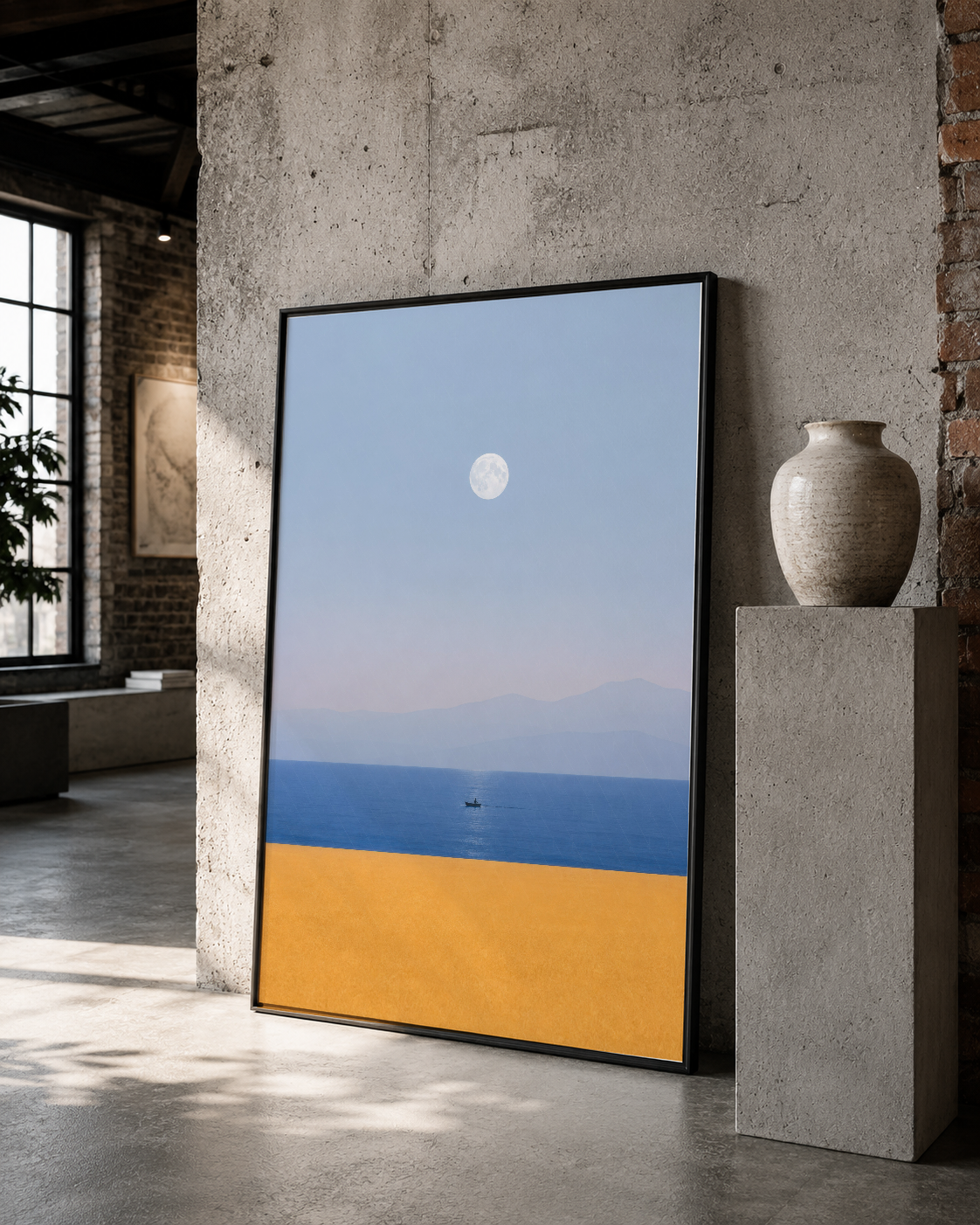 Gece gökyüzü ve sahil manzarası tablosu, siyah çerçevesiyle loft stilinde mekanın sanat odağı haline geliyor.