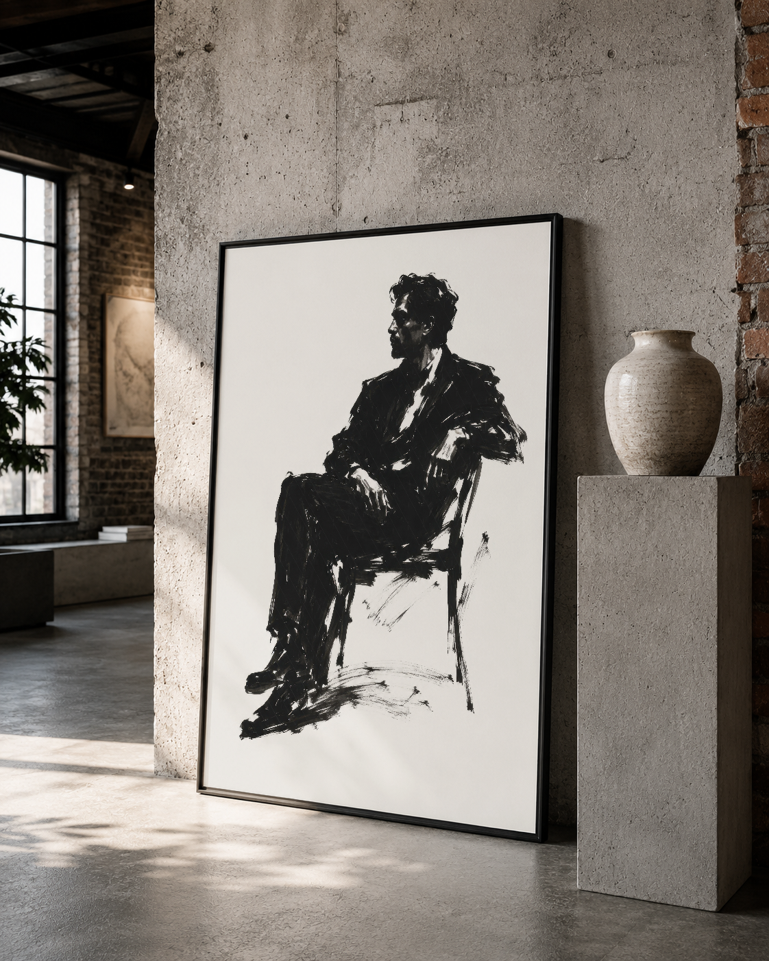 Çizgi sanat tekniğiyle yapılmış figüratif tablo, loft tarzı mekanın beton duvarında siyah çerçevesiyle vurgulanıyor.