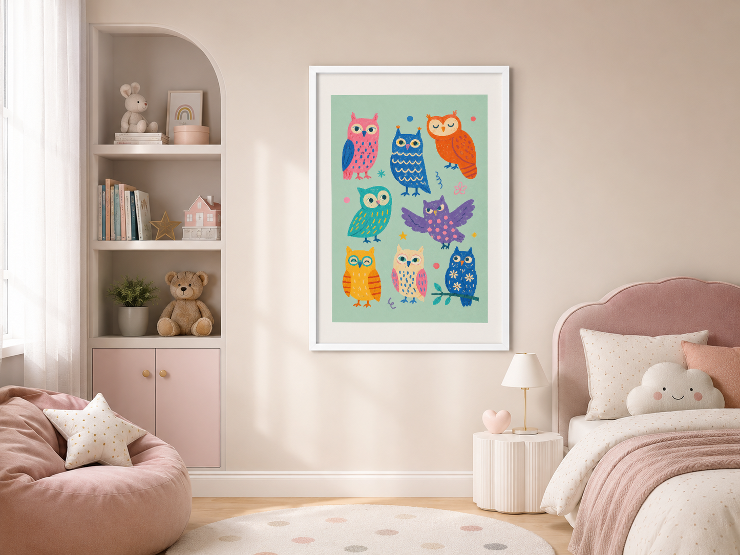 Pastel tonlarda baykuşlar, beyaz çerçeveli sanat eseri, kız çocuk odasında.