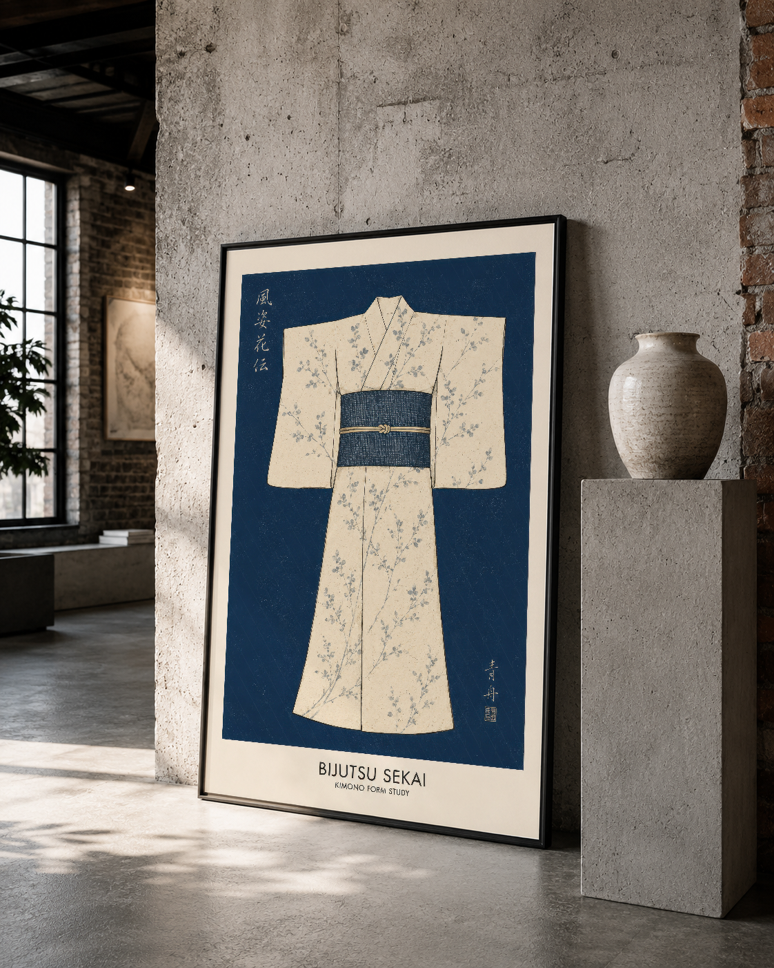 Endüstriyel loftta duran, koyu mavi fonda çizilmiş kimono motifli sanat eseri, orijinal çerçevesi ve zarafet taşıyan duvar