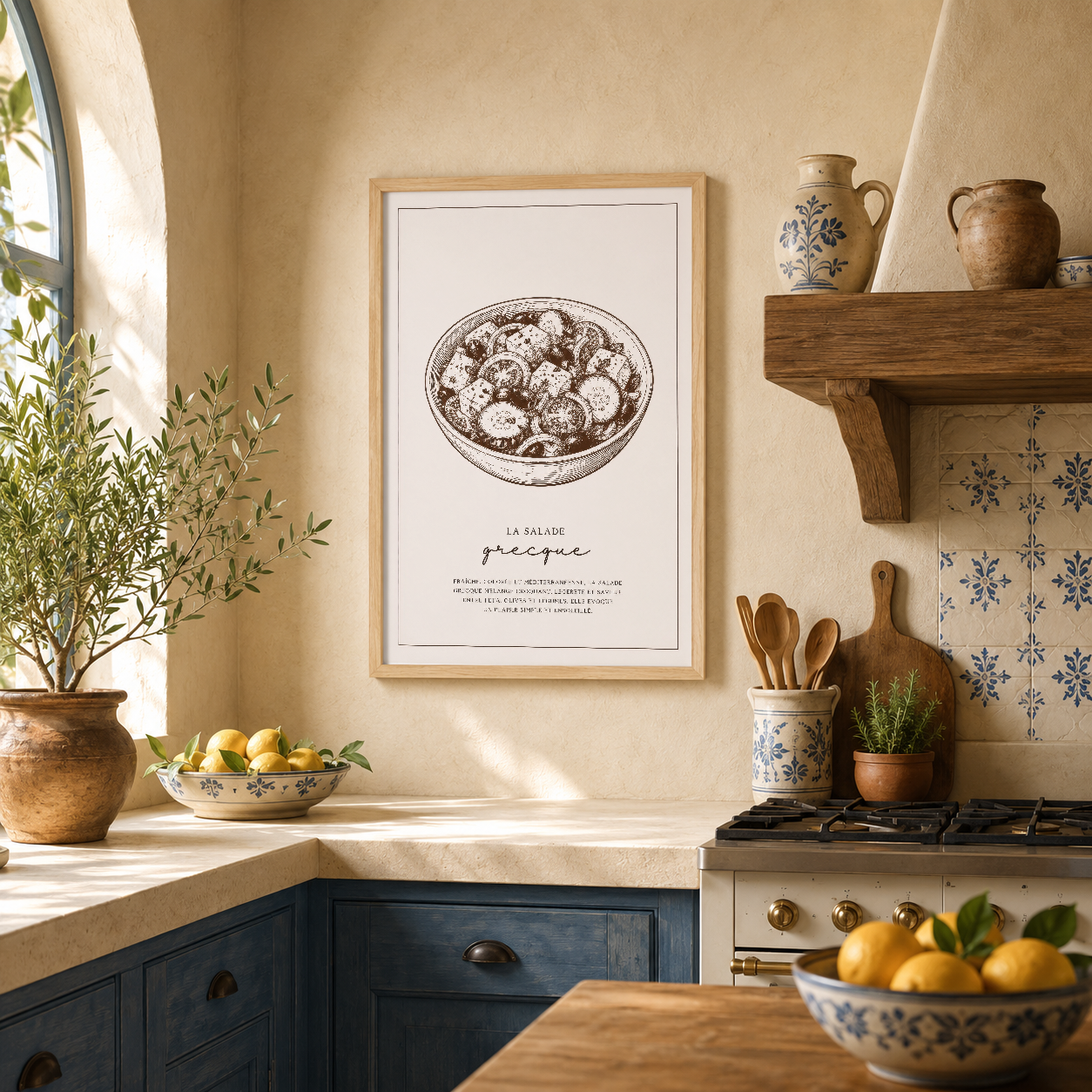Doğal ahşap çerçeveli, vintage stil Greciaque salatası tablosu, sıcak mutfak ortamında.