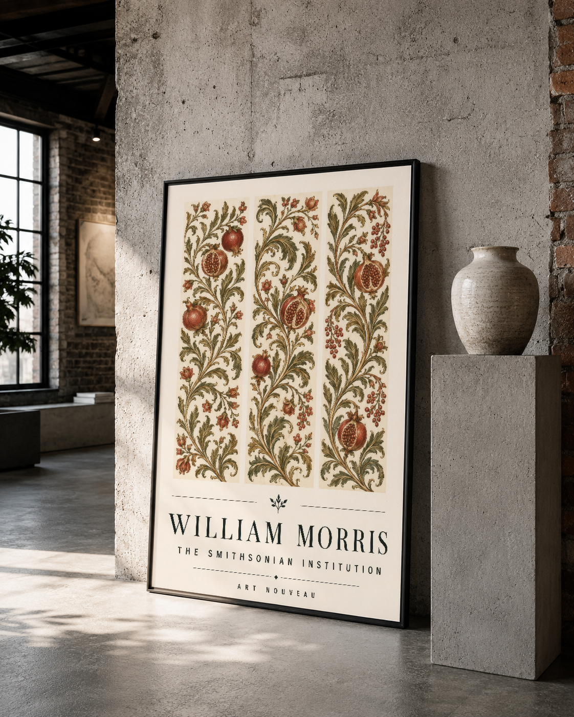 Siyah çerçeveli William Morris sanat eserinin barok çiçek motifleri, ilkel beton duvarında zarafetin sembolü haline geliyor.