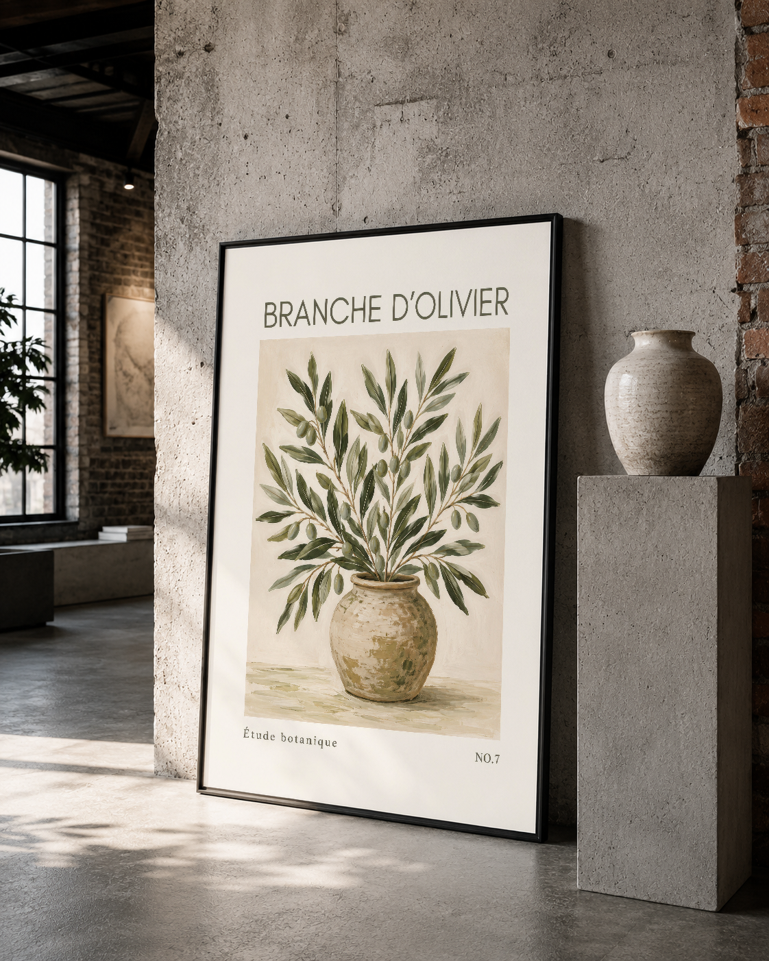 Vintage zeytin dalı tasarımı, siyah çerçeveli poster, beton duvarda modern sanat aksanı.
