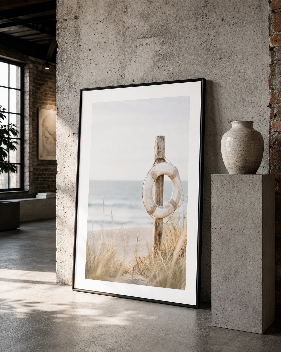 Kumsal ve libuoy detaylı poster, siyah çerçeveli, minimalist beton duvar dekorasyonu.