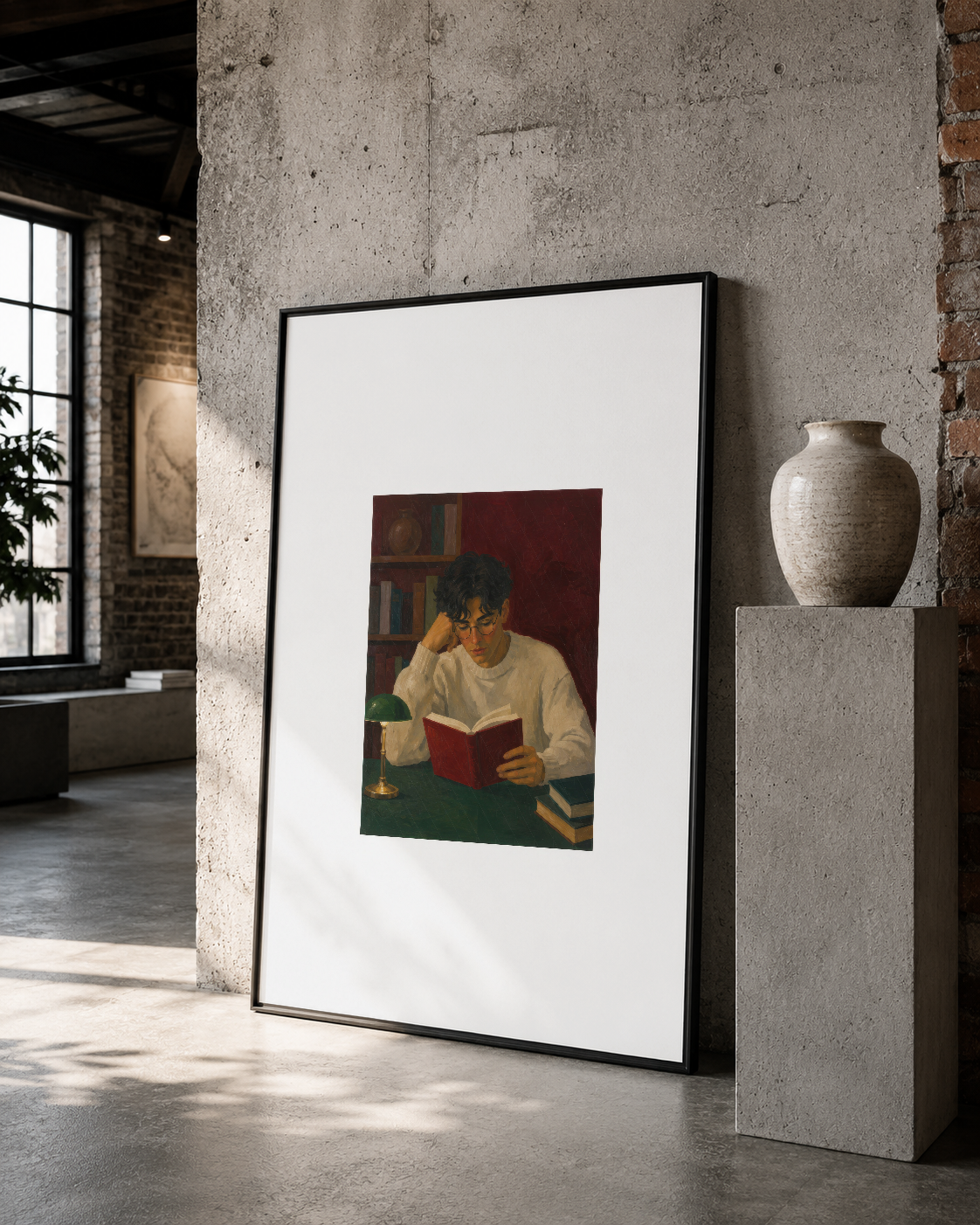 Kitap okuyan kadının sıcak renkli tablosu, betonlu loft mekanda siyah çerçeve içinde duran poster.