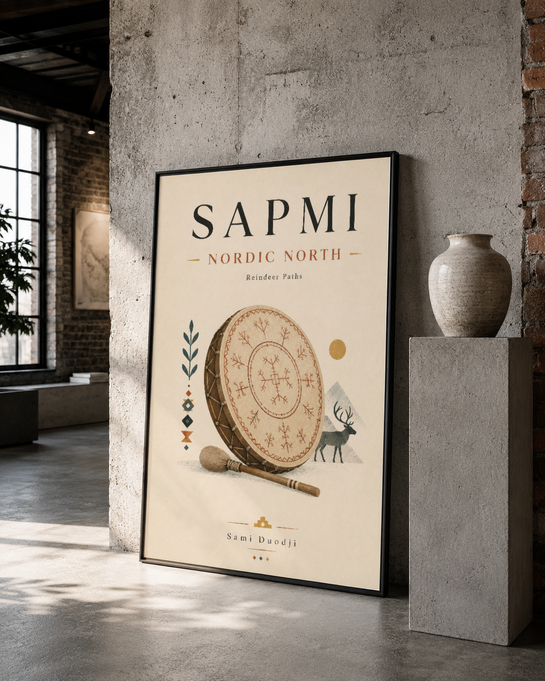 Sapmi Nordic North posteri, siyah çerçeveli, Sami davulu motifi, loft tarzı iç tasarımda.