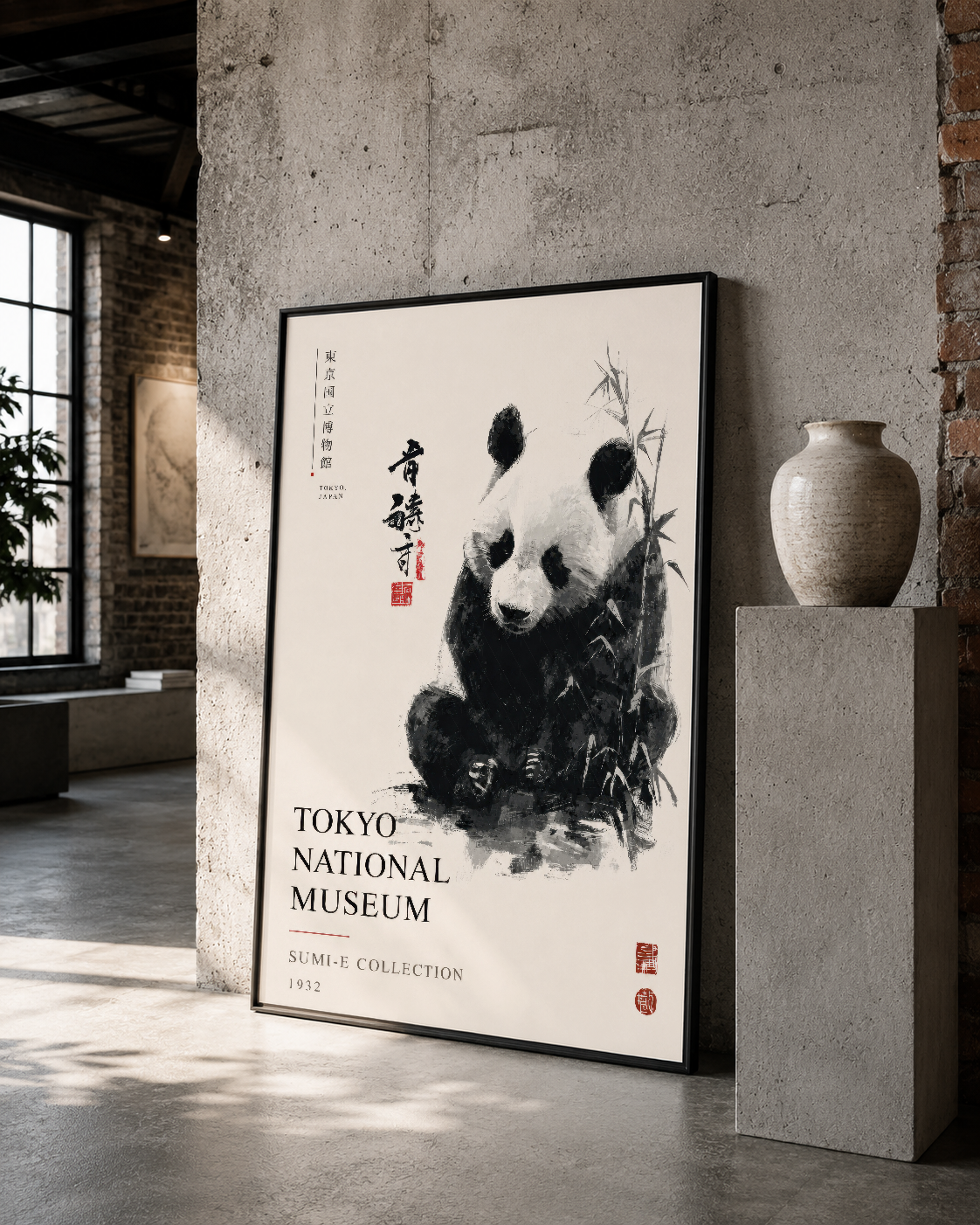 Modern galeri ortamında, siyah çerçeveli şu ink art panda tablosu beton duvarın karşısında sanat koleksiyonunun merkezi.