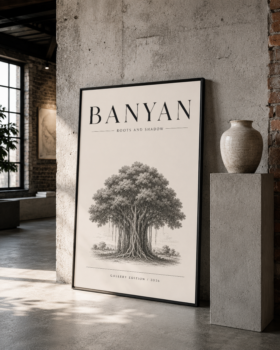 Siyah çerçeveli Banyan ağacı tablosu, kökler ve gölge botanik sanat eseri.