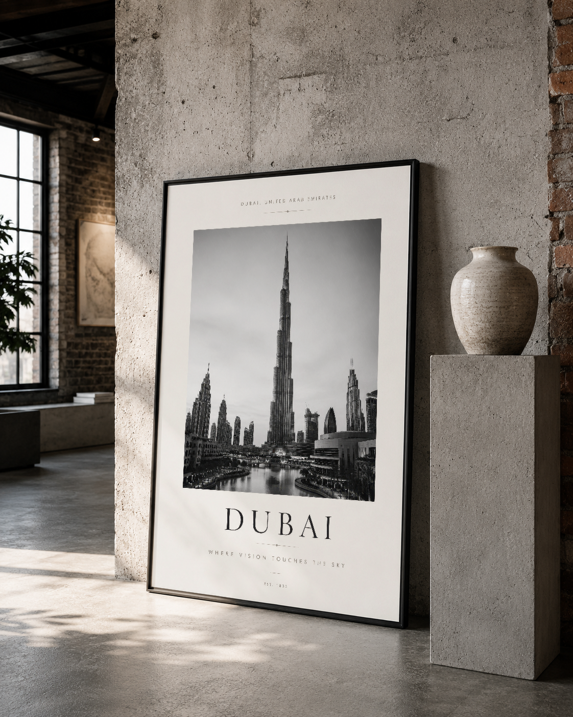 Burj Khalifa'nın etkileyici siyah beyaz görüntüsü siyah çerçeveli poster, loft tarzı dekor.
