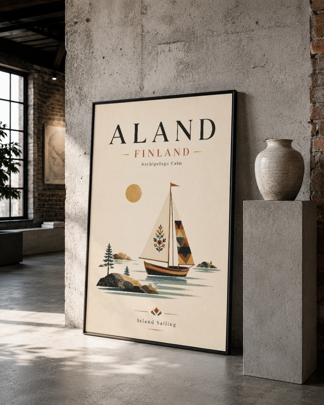 Aland Finlandiya deniz manzarası temalı zarif çizim poster, endüstriyel mekanda siyah çerçevede gösterildi.