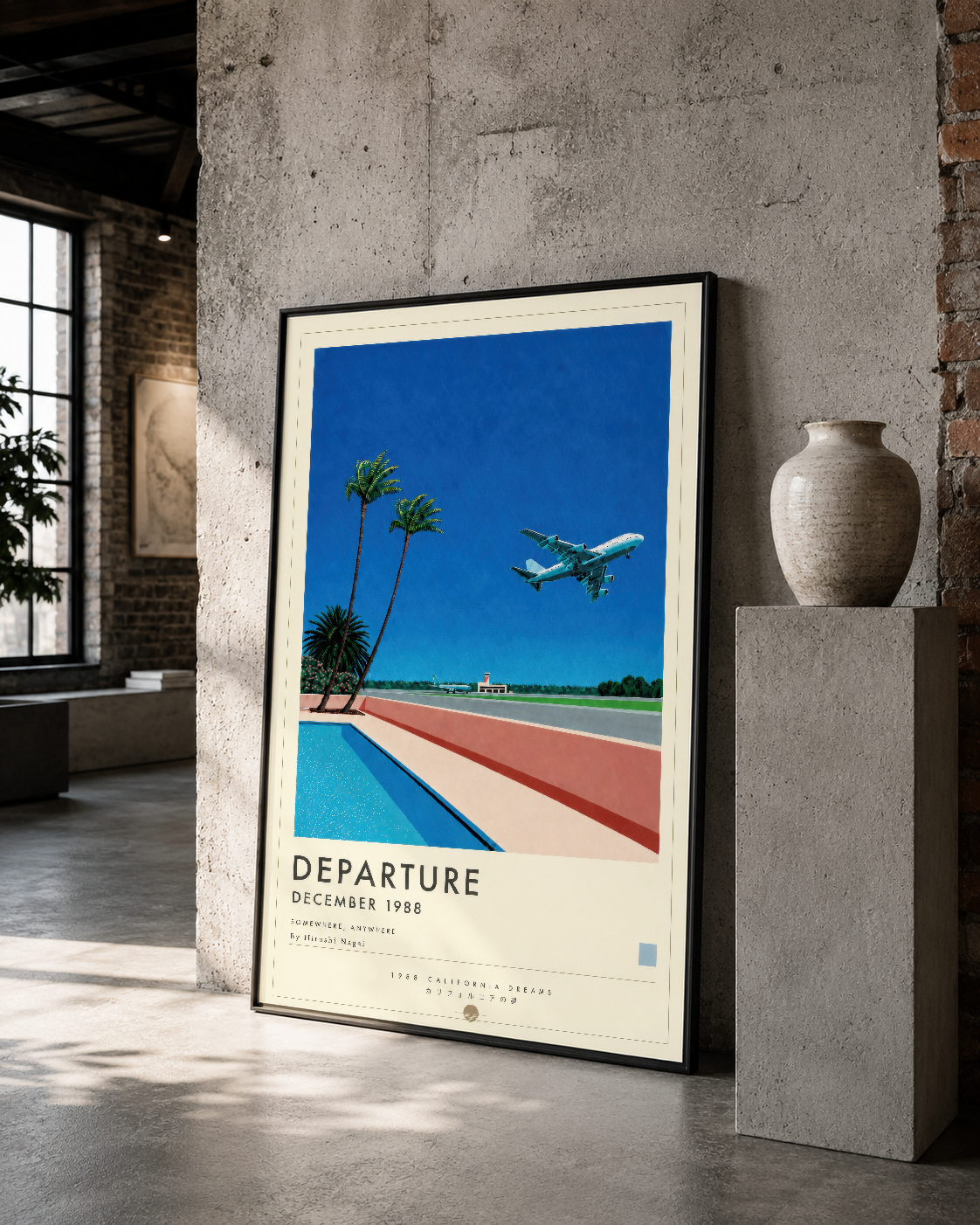Siyah çerçeveli, uçan uçak ve palmiye ağaçlı minimalist retro poster.