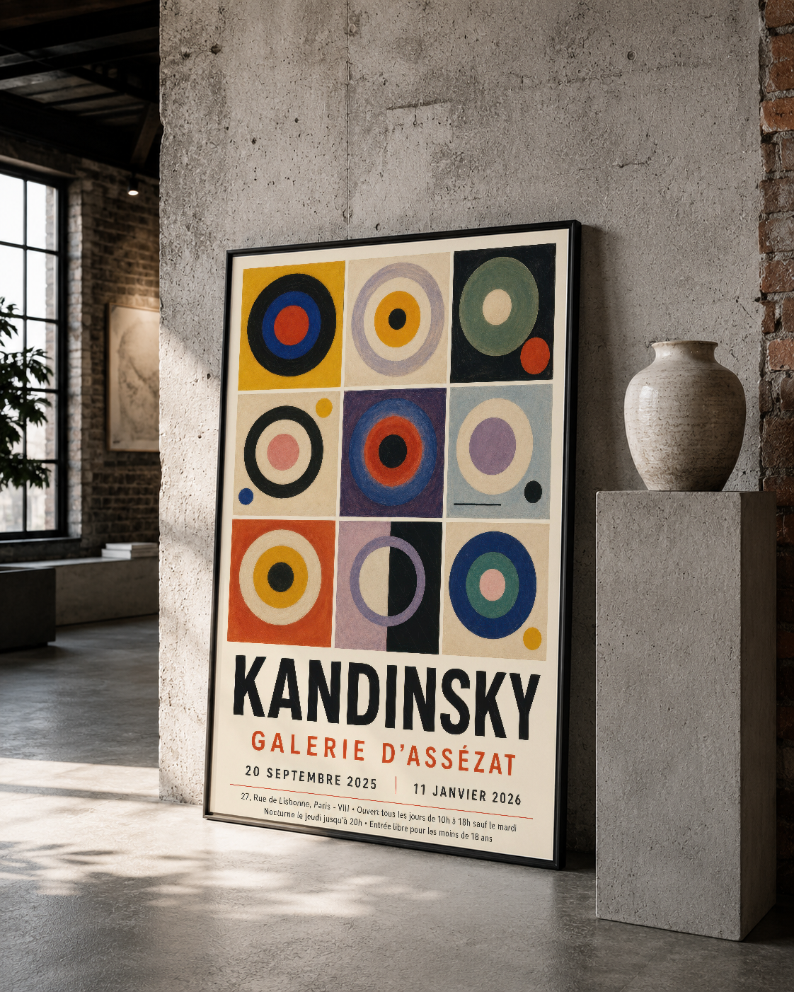 Siyah çerçeveli Kandinsky posteri, geometrik çemberler, loft stilinde beton duvar üzerine asılı.