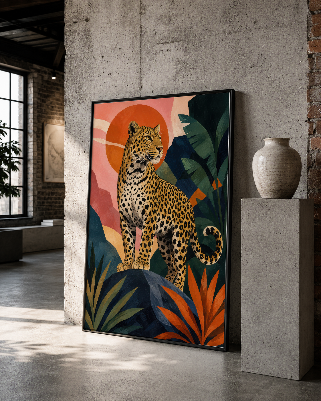 Leopar portresi tablonun dinamik kompozisyonu ve canlı renkleriyle endüstriyel mekânları dönüştüren dekoratif sanat.
