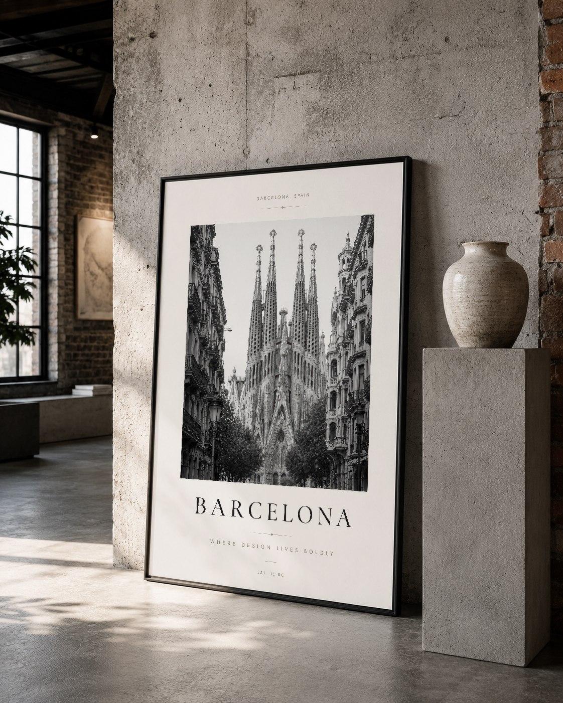 Sagrada Familia tasarımlı poster, siyah çerçeve ile loft stilinde sergilenen, şehir sanat eseri.