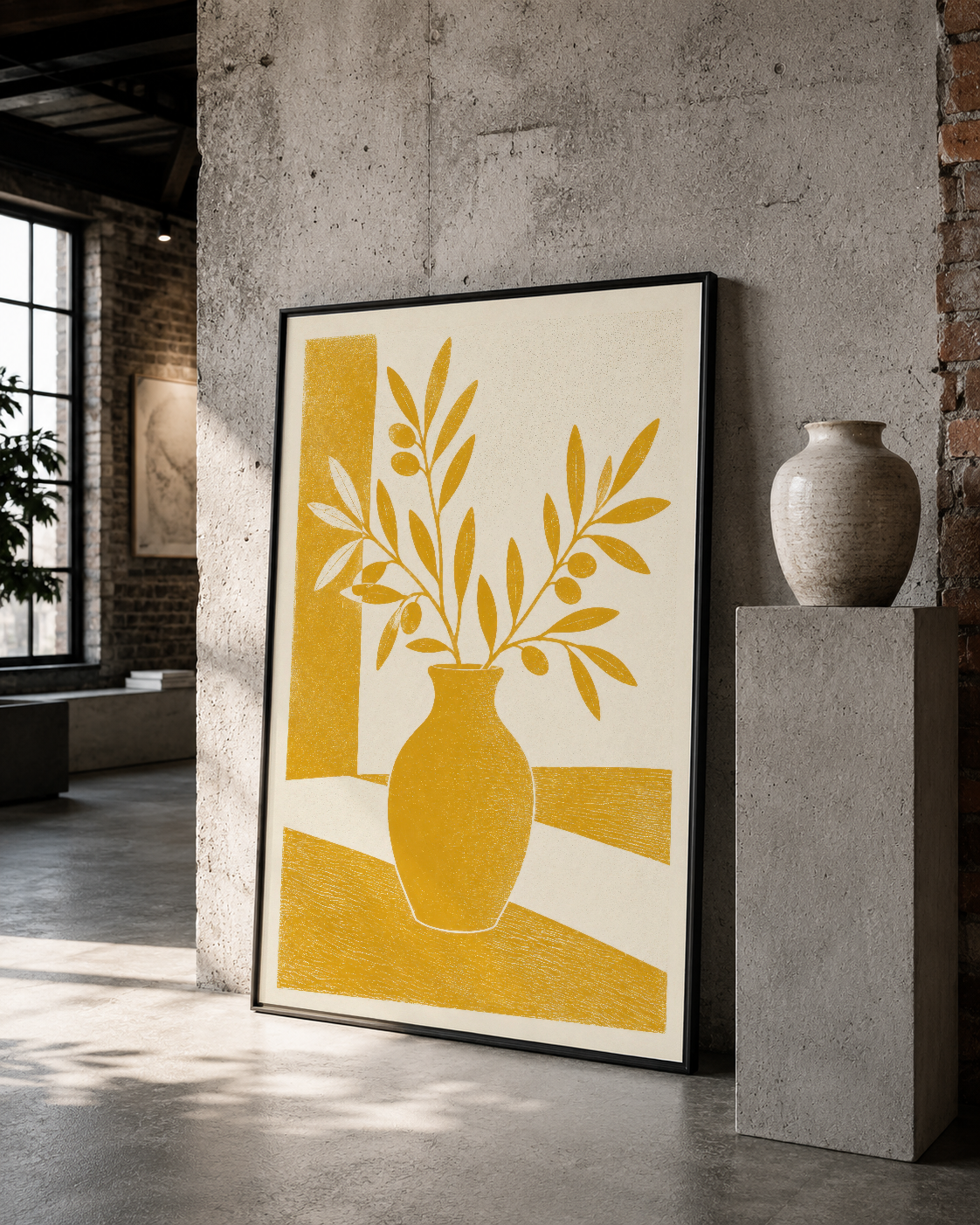 Sanat deco tarzı altın sarısı bitki aranjmanı posteri, siyah çerçeve içinde loft stilinde duvar dekorasyonu.