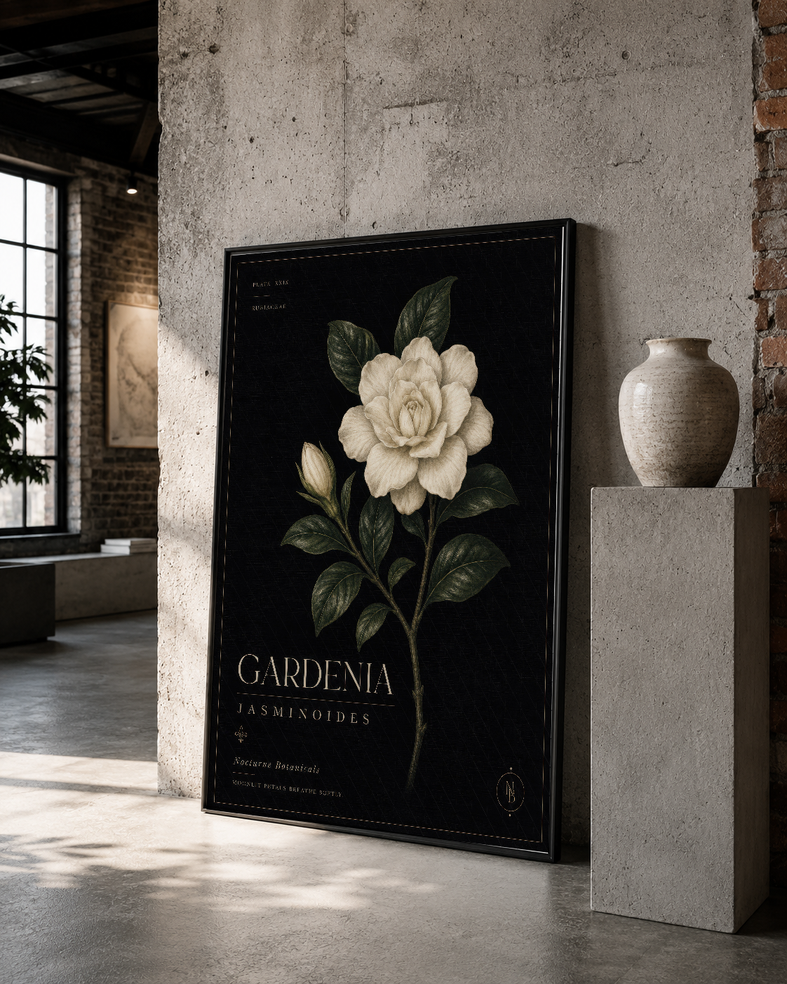 Beton duvar önünde siyah çerçeveli Gardenia botanik posteri, sanat galerisi konsepti ve doğal ışık.