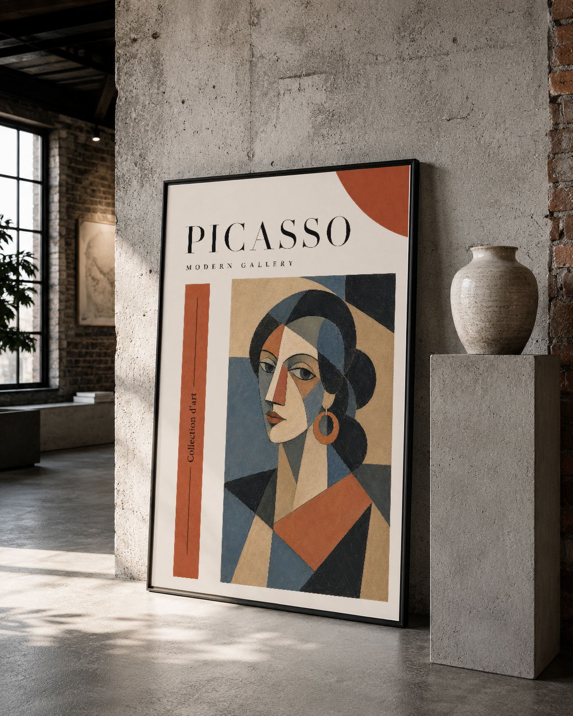 Siyah çerçeveli Picasso sanat tablosu, modern kubist stil ile betonlu galeri alanında konumlanmış.
