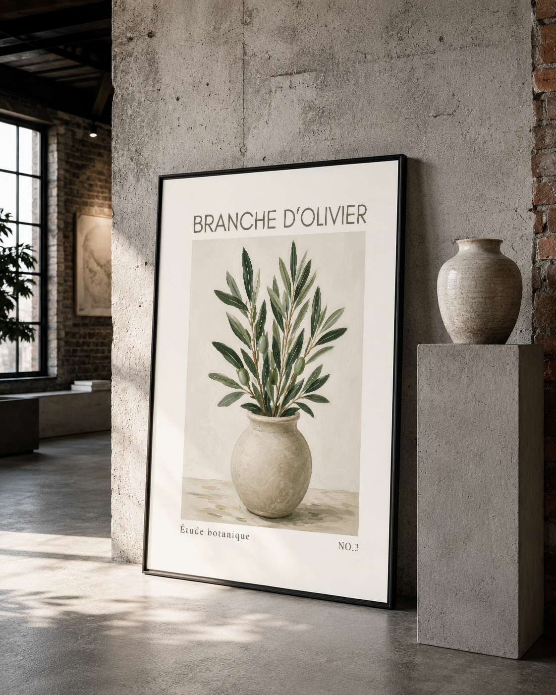 Siyah çerçeveli zeytin dalı posteri, çağdaş loft stilinde otantik bir sanat parçası.
